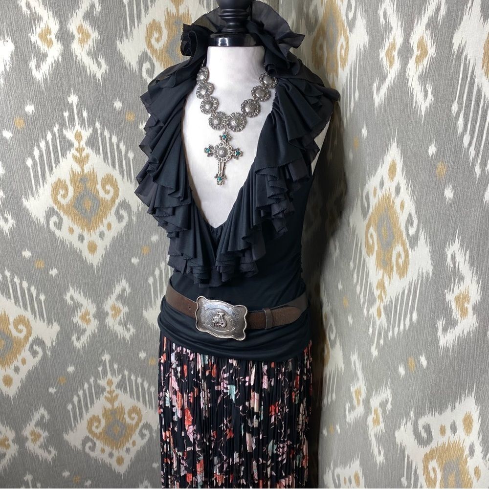 Patricia Wolf Designs Made in Texas Black Floral Multi Broomstick Maxi Skirt